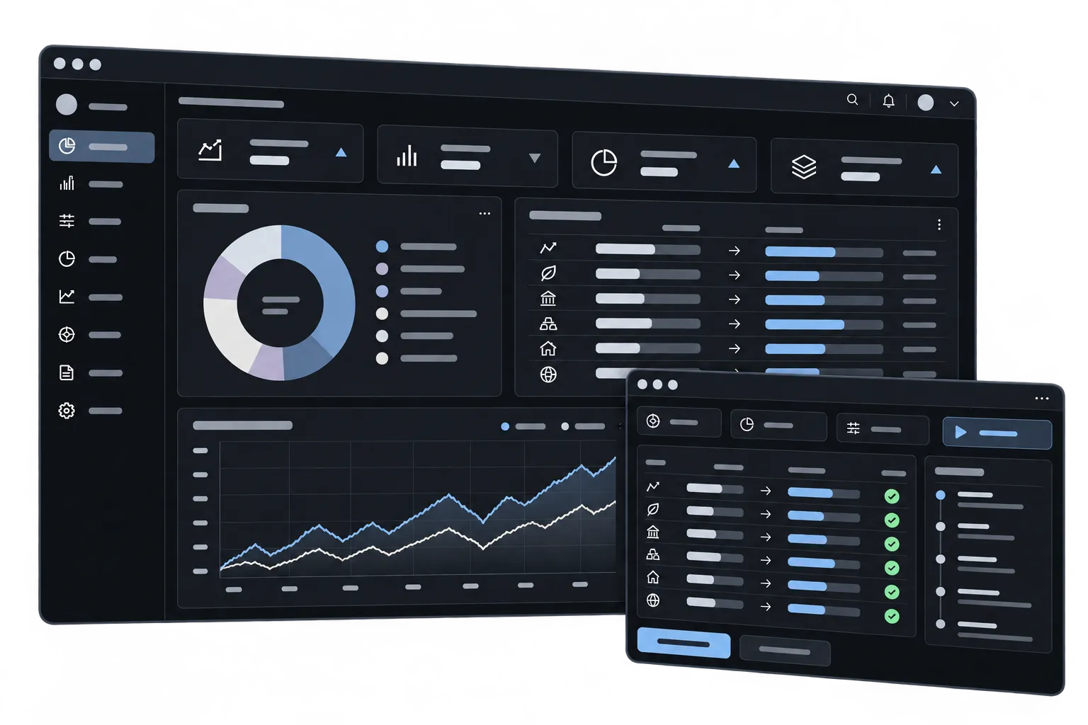 Portfolio dashboard with allocation charts, target weights and a rebalance audit panel.