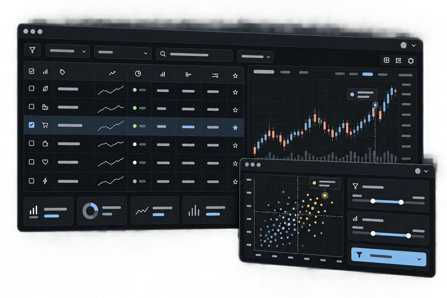 Market screening workspace with a watchlist, price chart and classification filters.